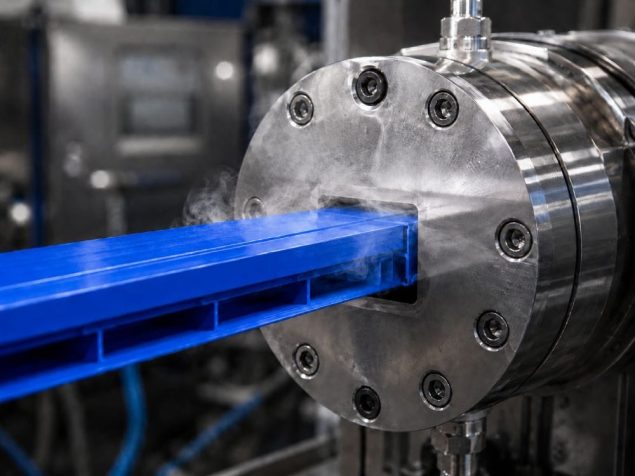 Close up view of plastic extrusion die shaping molten material