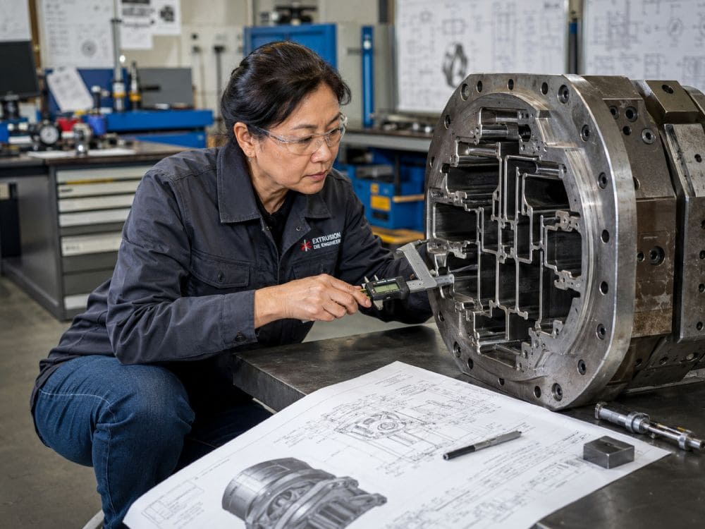 Manufacturing engineer inspecting precision plastic extrusion die tolerances