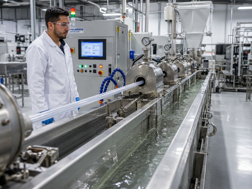 Modern plastic extrusion production line showing sizing and cooling equipment